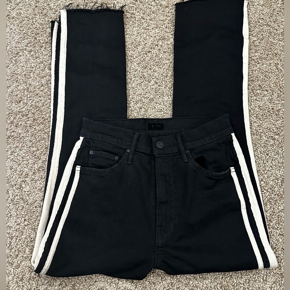 Mother Insider Crop Step Fray Black with Ivory Stripe 26